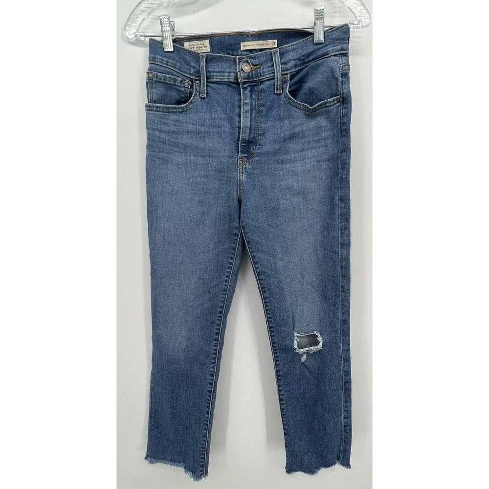 Levis Premium 724 High Rise Straight Crop Jeans Womens Size 28 Blue Distressed
